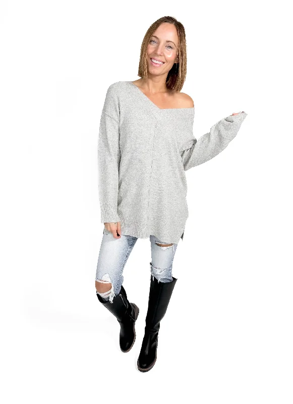 VERO MODA Esti V-neck Tunic Sweater- LIGHT GREY MELANGE Velvet Chenille Corduroy