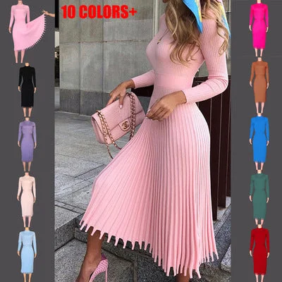 Women Knitted Long Dress Autumn Winter Slim Sleeve Ladies Dresses Elegant Party Female Sweater Dress 10 colors Coldker Cashmere Blend Cotton Blend Poly Blend