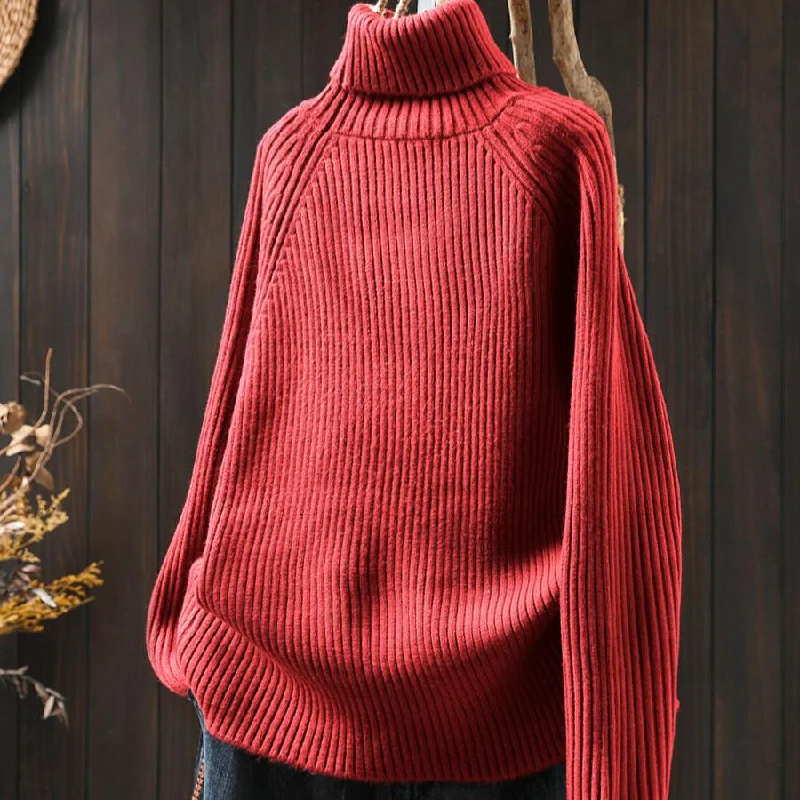 Women Winter High Neck Cashmere Sweater with Vertical Stripes Fitted Slim Tailored