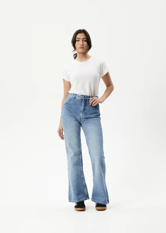 AFENDS Womens Marsha - Denim Slim Flared Jeans - Worn Blue Chic Double Waistband Jeans AFENDS Womens Marsha - Denim Slim Flared Jeans - Worn Blue Chic Double Waistband Jeans