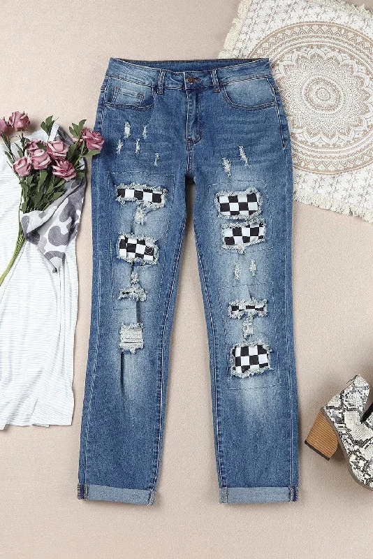 Checkered Patchwork Mid Waist Distressed Jeans Fashionable Frayed Hem Denim