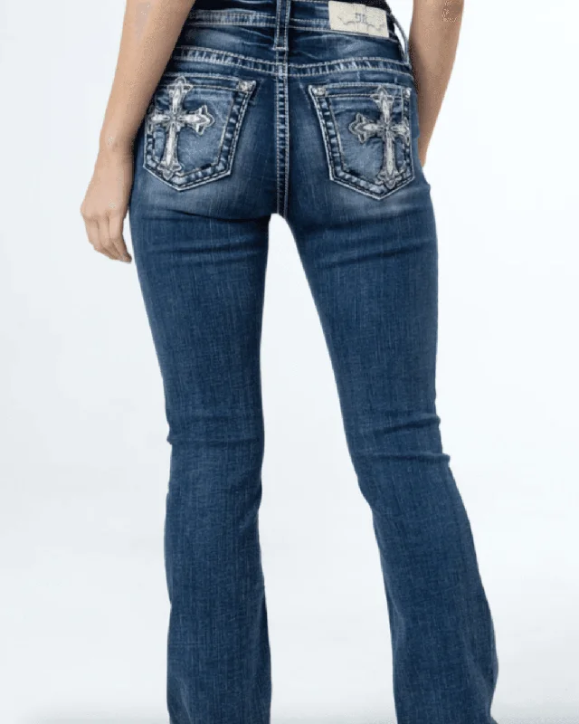 Miss Me Women's Scalloped Edge Cross Embroidered Mid-Rise Bootcut Jeans M9268B Fashionable Raw Edge Jeans Miss Me Women's Scalloped Edge Cross Embroidered Mid-Rise Bootcut Jeans M9268B Fashionable Raw Edge Jeans