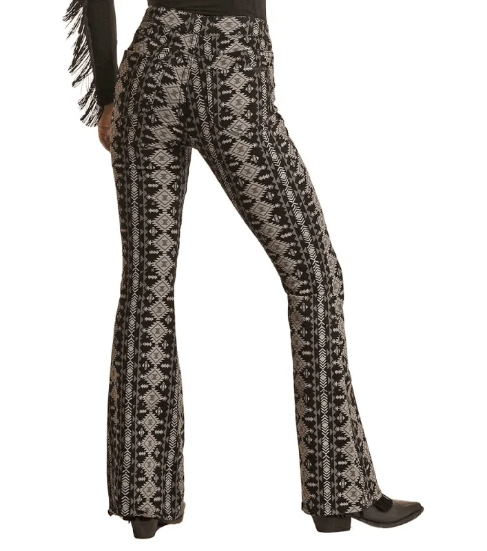 Rock & Roll Cowgirl Women's Grey Aztec Bell Bottom Flare Jeans BW6PD02228 Fashionable Relaxed Fit Denim Rock & Roll Cowgirl Women's Grey Aztec Bell Bottom Flare Jeans BW6PD02228 Fashionable Relaxed Fit Denim