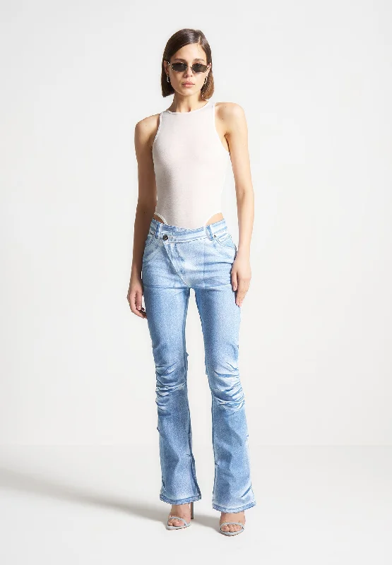 Denim Effect Tacked Fit and Flare Jeans - White/Blue Comfortable Faded High-Rise Jeans Denim Effect Tacked Fit and Flare Jeans - White/Blue Comfortable Faded High-Rise Jeans
