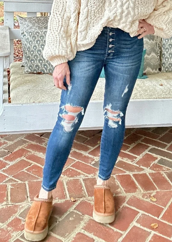 Franklin Distressed Hi Rise Button Fly Skinny | Judy Blue Jeans | Dark Wash Fashionable Slouchy Fit Jeans Franklin Distressed Hi Rise Button Fly Skinny | Judy Blue Jeans | Dark Wash Fashionable Slouchy Fit Jeans