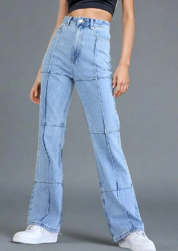 High Waist Straight Jeans with Pockets Comfortable Folded Hem Jeans