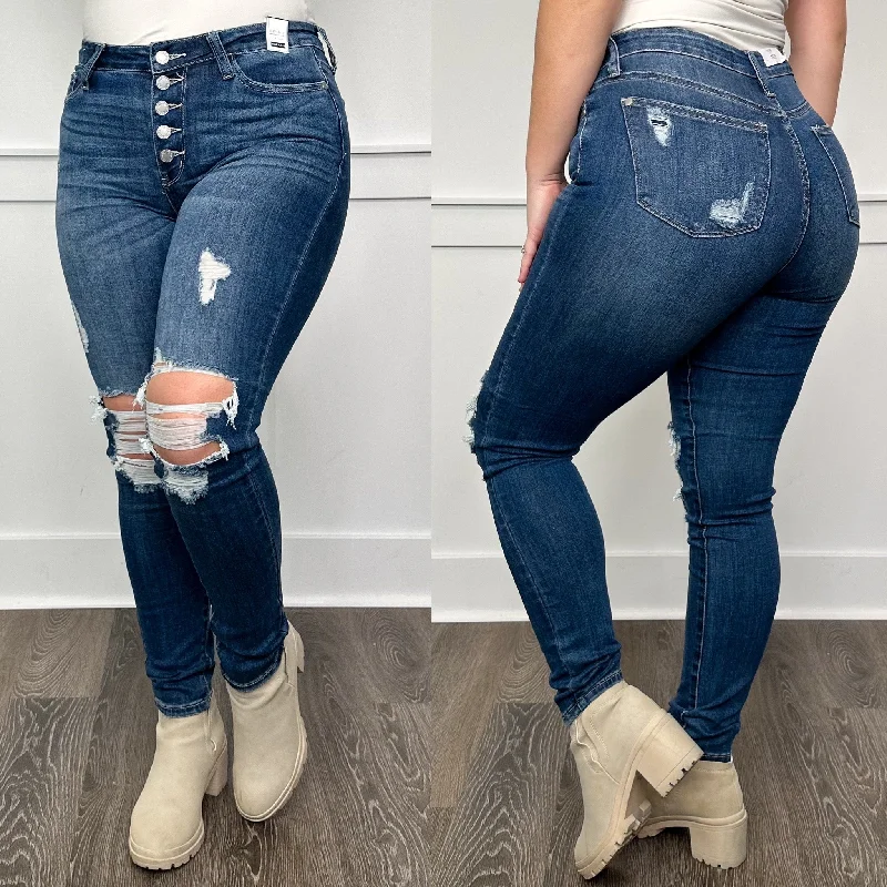 Judy Blue Emerson Distressed High Rise Button Fly Skinny Dark Wash Jeans Fashionable Slouchy Fit Jeans Judy Blue Emerson Distressed High Rise Button Fly Skinny Dark Wash Jeans Fashionable Slouchy Fit Jeans