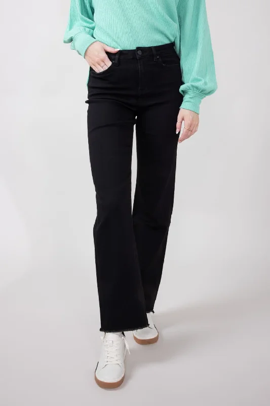 Mica Slim Wide Leg Raw Hem Jeans for Women in Black | MDP-W3251BK Comfortable Dark Wash Jeans Mica Slim Wide Leg Raw Hem Jeans for Women in Black | MDP-W3251BK Comfortable Dark Wash Jeans