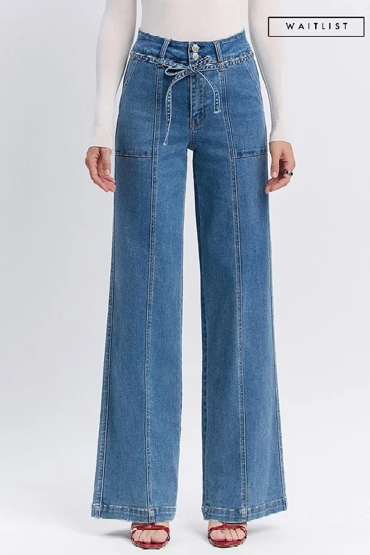 Waitlist 2/10 ♥ Norah High Rise Waist Tie Wide Leg Jeans Medium Wash Fashionable Straight Fit Denim Waitlist 2/10 ♥ Norah High Rise Waist Tie Wide Leg Jeans Medium Wash Fashionable Straight Fit Denim