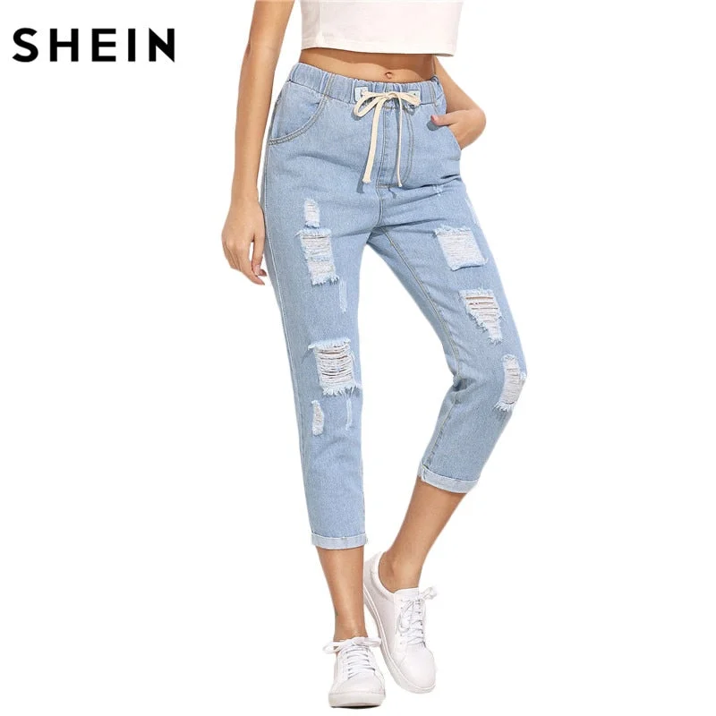 SHEIN Women Summer Pants Casual Trousers for Ladies Blue Ripped Mid Waist Drawstring Skinny Denim Calf Length Jeans Comfortable Zip-Fly Denim Jeans SHEIN Women Summer Pants Casual Trousers for Ladies Blue Ripped Mid Waist Drawstring Skinny Denim Calf Length Jeans Comfortable Zip-Fly Denim Jeans