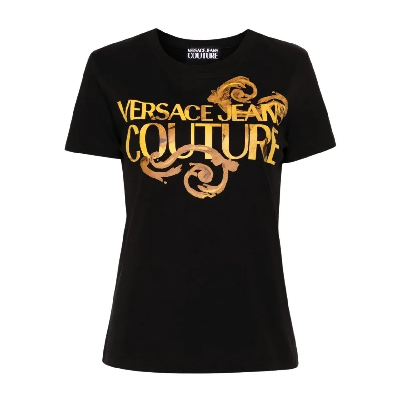 Versace Jeans Couture Watercolour Couture Logo Black T-Shirt Elegant High-Waisted Flared Jeans Versace Jeans Couture Watercolour Couture Logo Black T-Shirt Elegant High-Waisted Flared Jeans