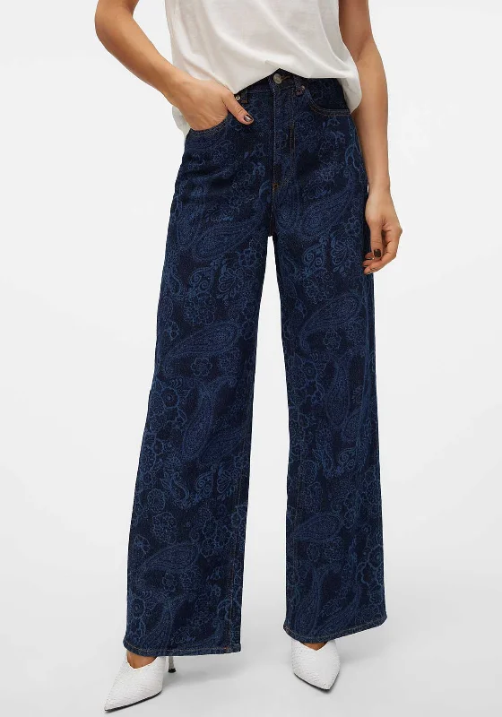Vero Moda Kathy Paisley High Rise Wide Leg Jeans, Dark Blue Denim Trendy Pleated Waist Jeans Vero Moda Kathy Paisley High Rise Wide Leg Jeans, Dark Blue Denim Trendy Pleated Waist Jeans