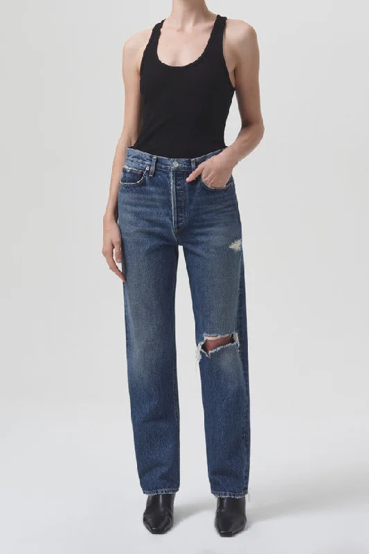 Agolde 90'S Pinch Waist High Rise Straight Jeans in Playground Fashionable Frayed Hem Denim