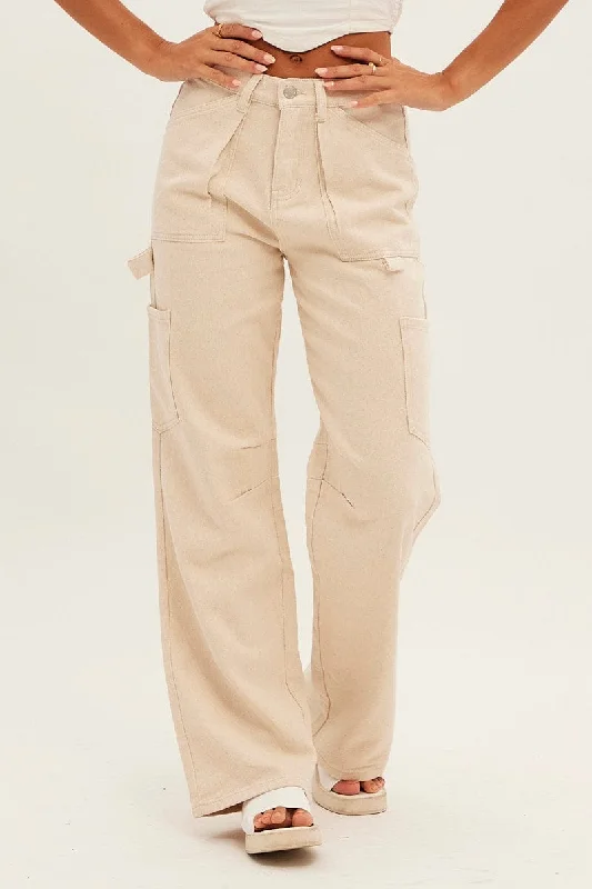 Beige Cargo Jeans Mid Rise Casual High-Waisted Bootcut Jeans