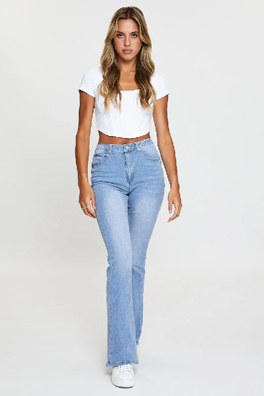 Blue High Rise Flare Denim Jeans Cozy Relaxed Fit Jeans