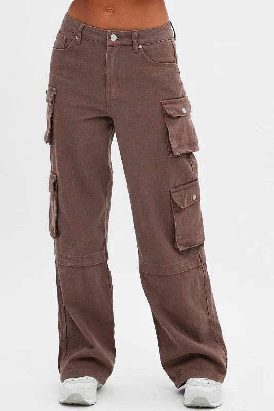 Brown Cargo Denim Jeans High Rise Stylish High-Waisted Denim