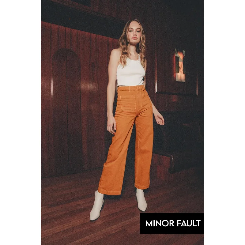 (Minor Fault) Mustard Twill Wide Leg Jeans Stylish Paperbag Waist Denim