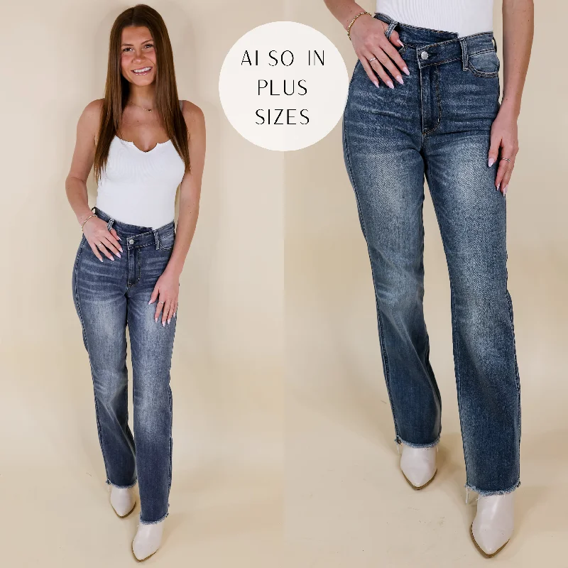 Last Chance Size 0, 1 & 22W | Judy Blue | Sure And Steady Criss-Cross Waistband Dad Jeans in Medium Wash Comfortable Drawstring Waist Jeans