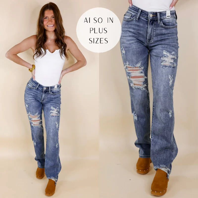 Last Chance Size 0, 20W, 22W & 24W | Judy Blue | Making Mischief Distressed Straight Leg Jeans in Medium Wash Fashionable Cropped Denim Jeans