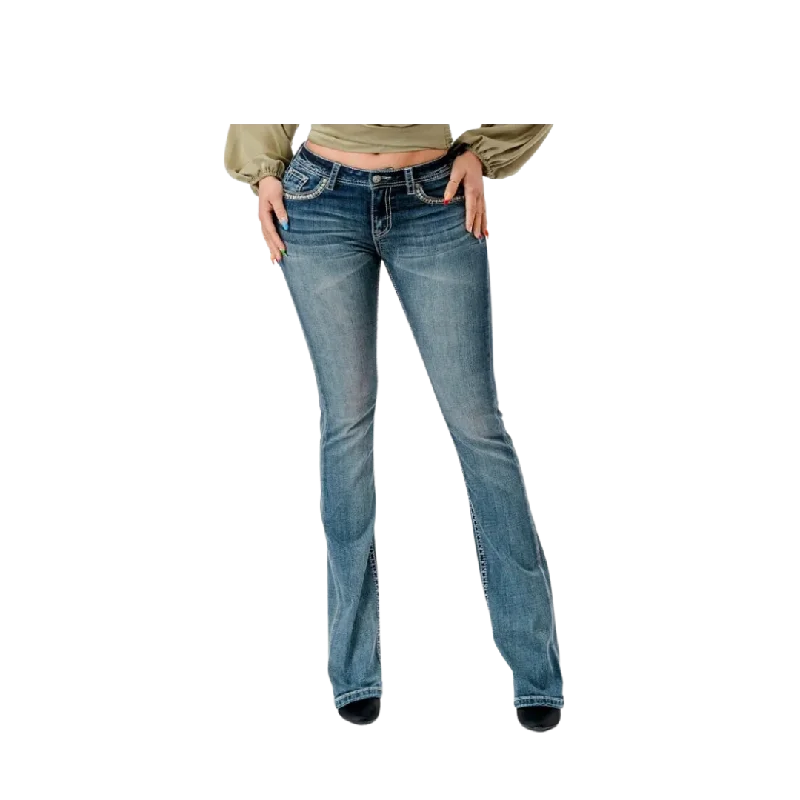 Grace in La Women's Western Horseshoe Saddle Embroidered Bootcut Stretch Jeans Comfortable Boyfriend Jeans