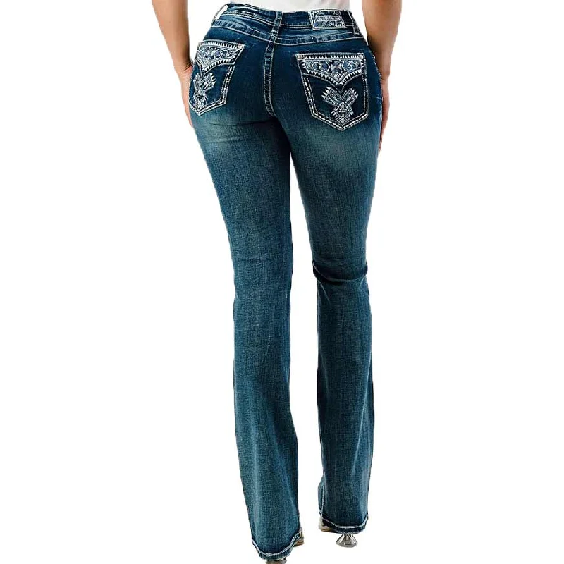 Grace In LA Women's Aztec Easy Bootcut Jeans Comfortable Stretch Fit Jeans