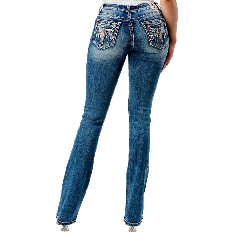 Grace In LA Women's Steer Head Bootcut Jeans Casual Light Wash Jeans