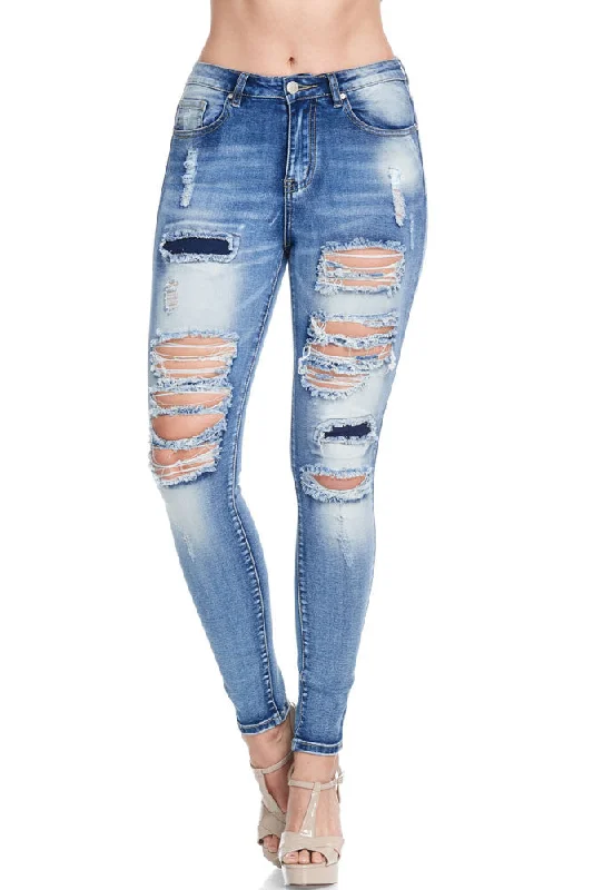 High-Rise Destroyed Skinny Jeans Fashionable Straight Cut Jeans