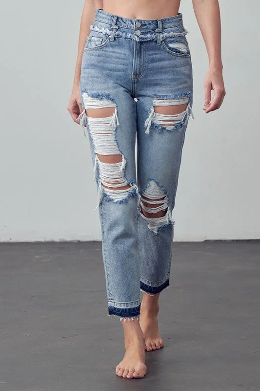 High Rise Double Waistband Released Hem Jeans Trendy Flared Leg Jeans