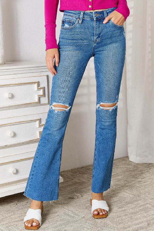 Kancan Full Size Distressed Raw Hem Bootcut Jeans Stylish High-Rise Mom Jeans