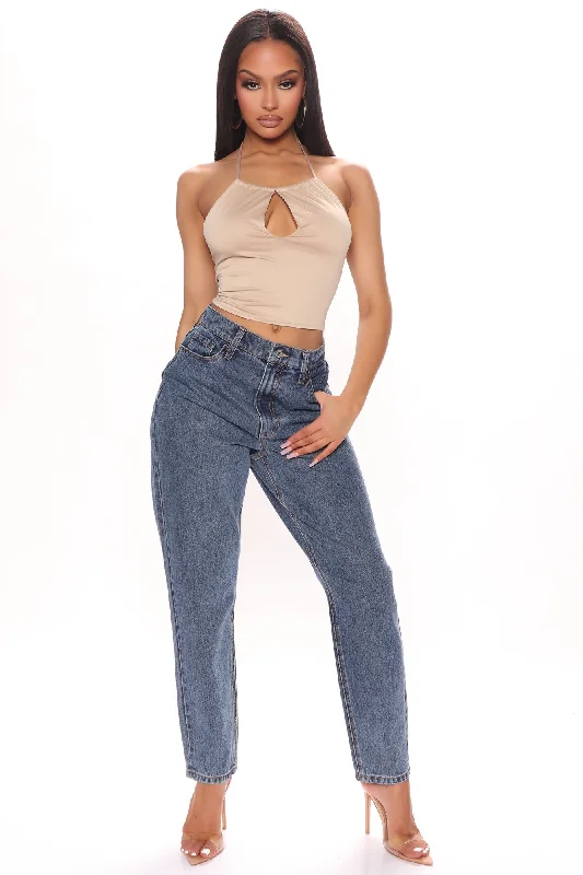 Know It All Non Stretch Mom Jeans - Dark Wash Trendy Button-Up High-Waist Jeans