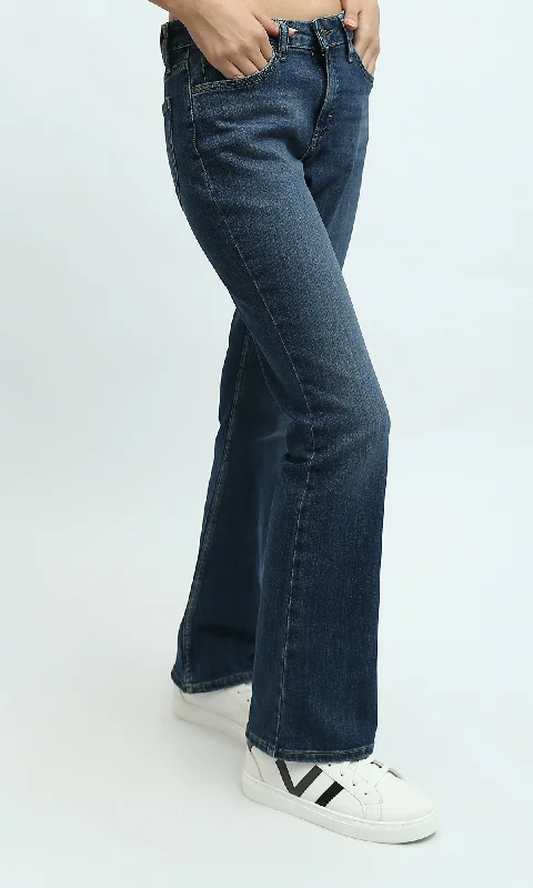 O191698 Solid Dark Blue Wide-Leg Casual Jeans Fashionable Raw Hem Bootcut Jeans