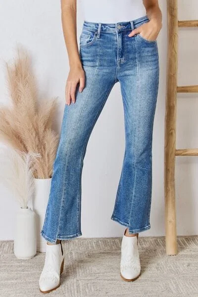 RISEN Full Size High Rise Ankle Flare Jeans Fashionable Raw Hemmed Jeans