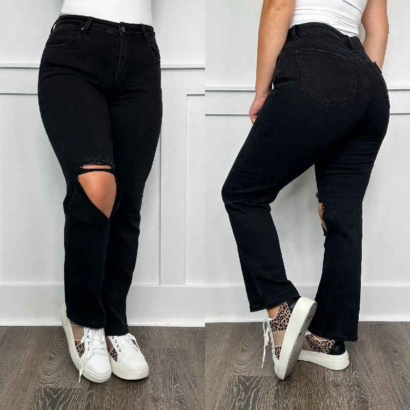 Risen Salem Distressed High Rise Relaxed Fit Black Jeans Casual High-Waisted Bootcut Jeans