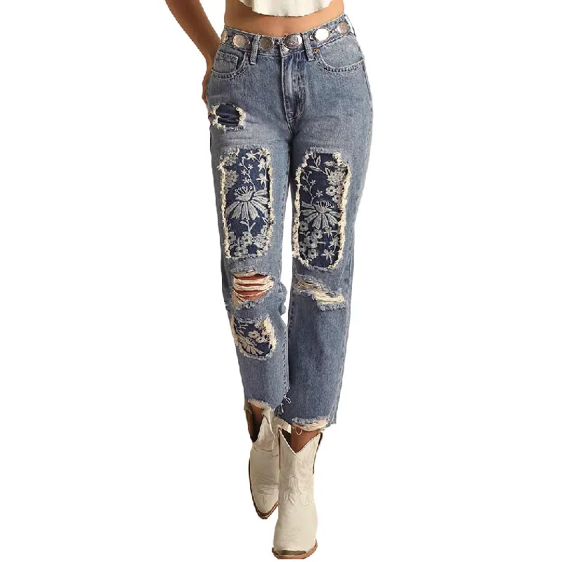 Rock & Roll Denim Women's High Rise Floral Patch Cropped Jeans Elegant Wide-Leg Jeans