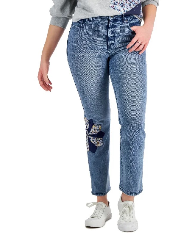 Style & Co Patchwork Straight Ankle Jeans Trendy Wide-Legged High-Waist Jeans