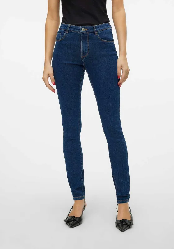 Vero Elly Mid Rise Skinny Jeans, Dark Blue Casual Wide-Legged Denim Jeans