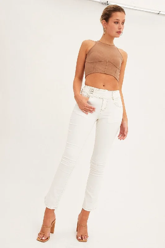 White Low Waist Belted Flared Jeans Trendy Cut-Off Denim Shorts