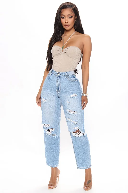 Why Don't You Relax Ripped Mom Jeans - Medium Blue Wash Fashionable Straight Fit Denim