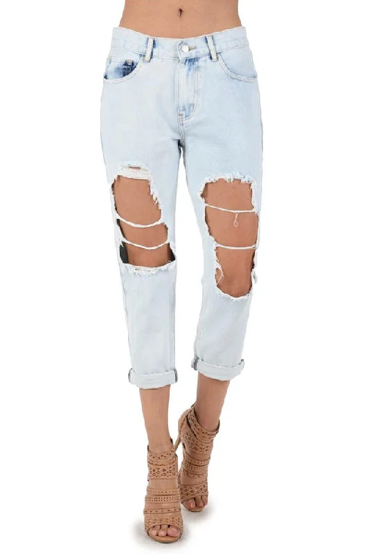 Women's Destroyed Boyfriend Jeans Cozy Relaxed Fit Denim Jeans