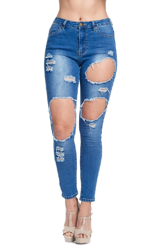 Women's High-Rise Holey Ripped Skinny Jeans Cozy Wide-Legged Jeans